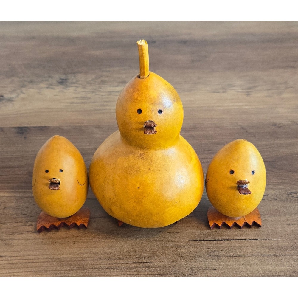 Handcrafted Dried Gourd Chicken Family Set Hen and 2 Chicks Rustic Folk Art